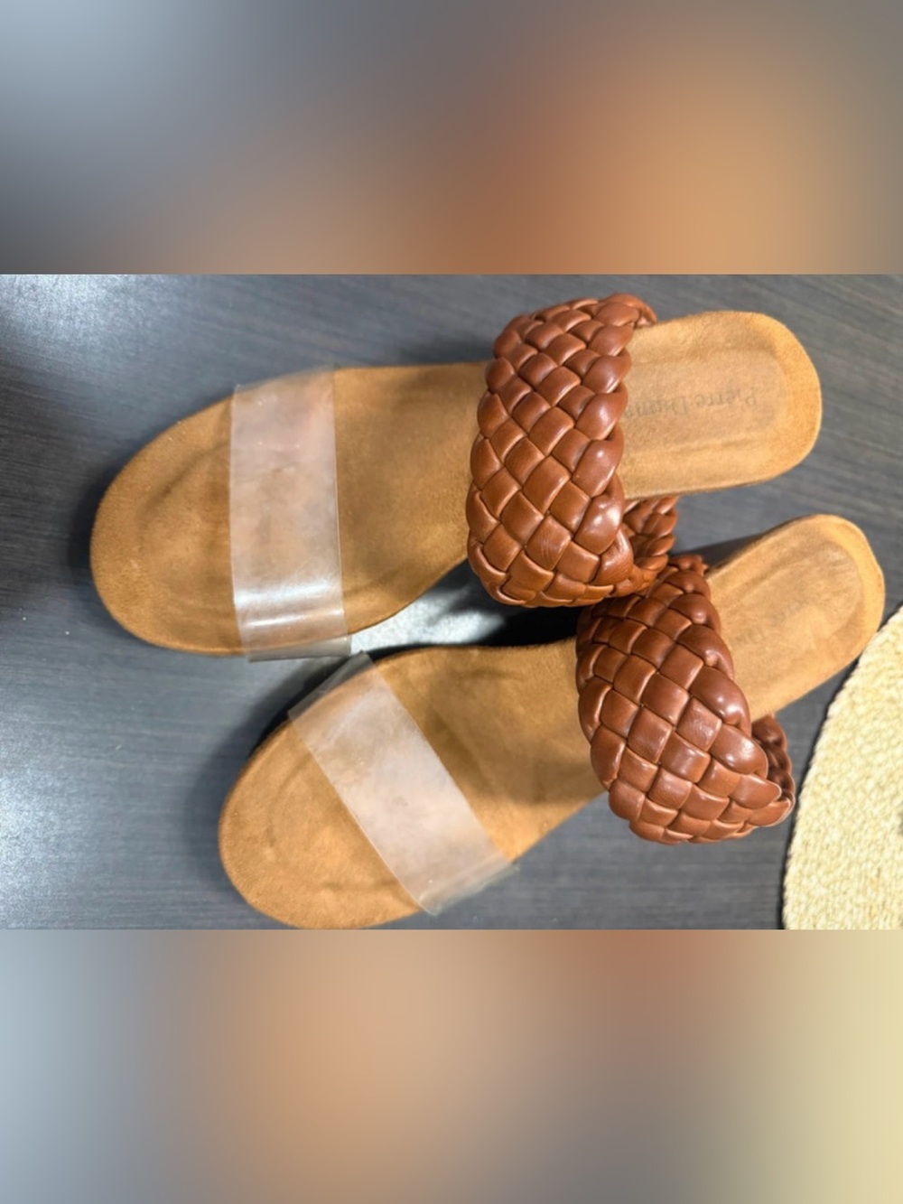 Pierre Dumas Tan Braided Slide Sandals with Clear Strap